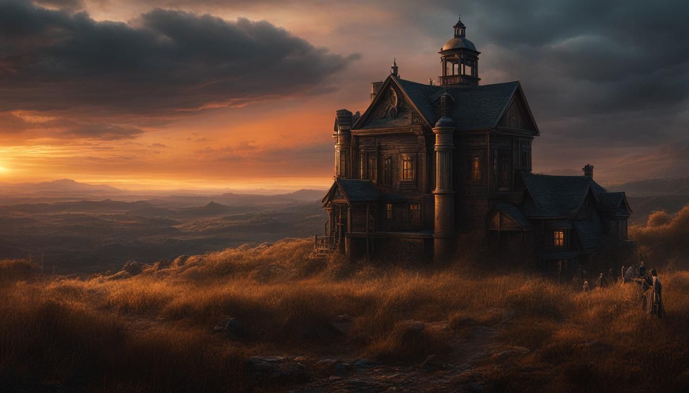 Ominous Steampunk Chapel at Twilight, Photorealistic Digital...