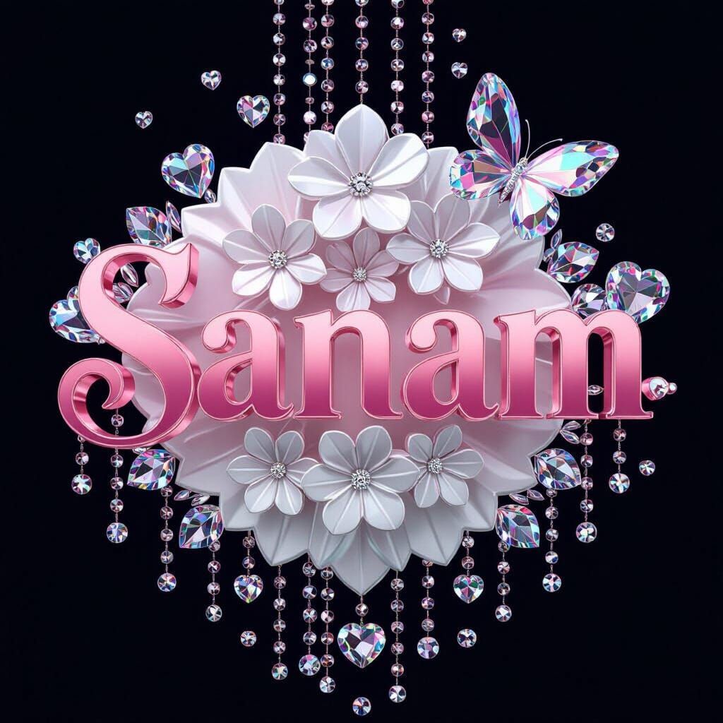 Elegant 3D Text "Sanam" with Floral and Crystal Accents