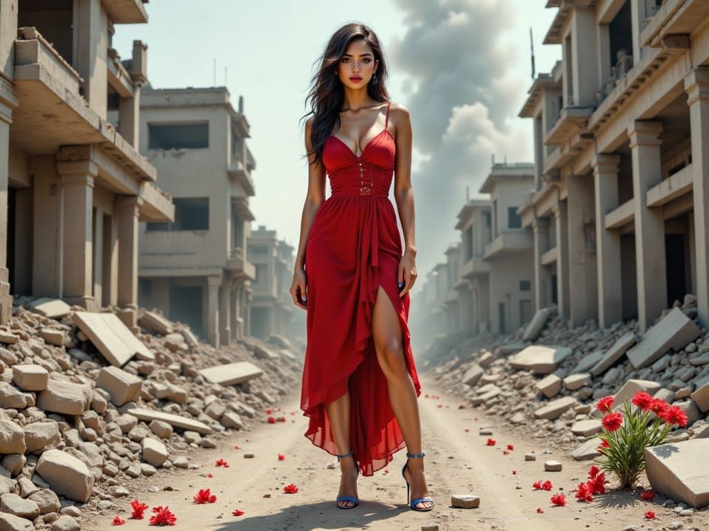 Post-Apocalyptic Woman in Crimson Dress