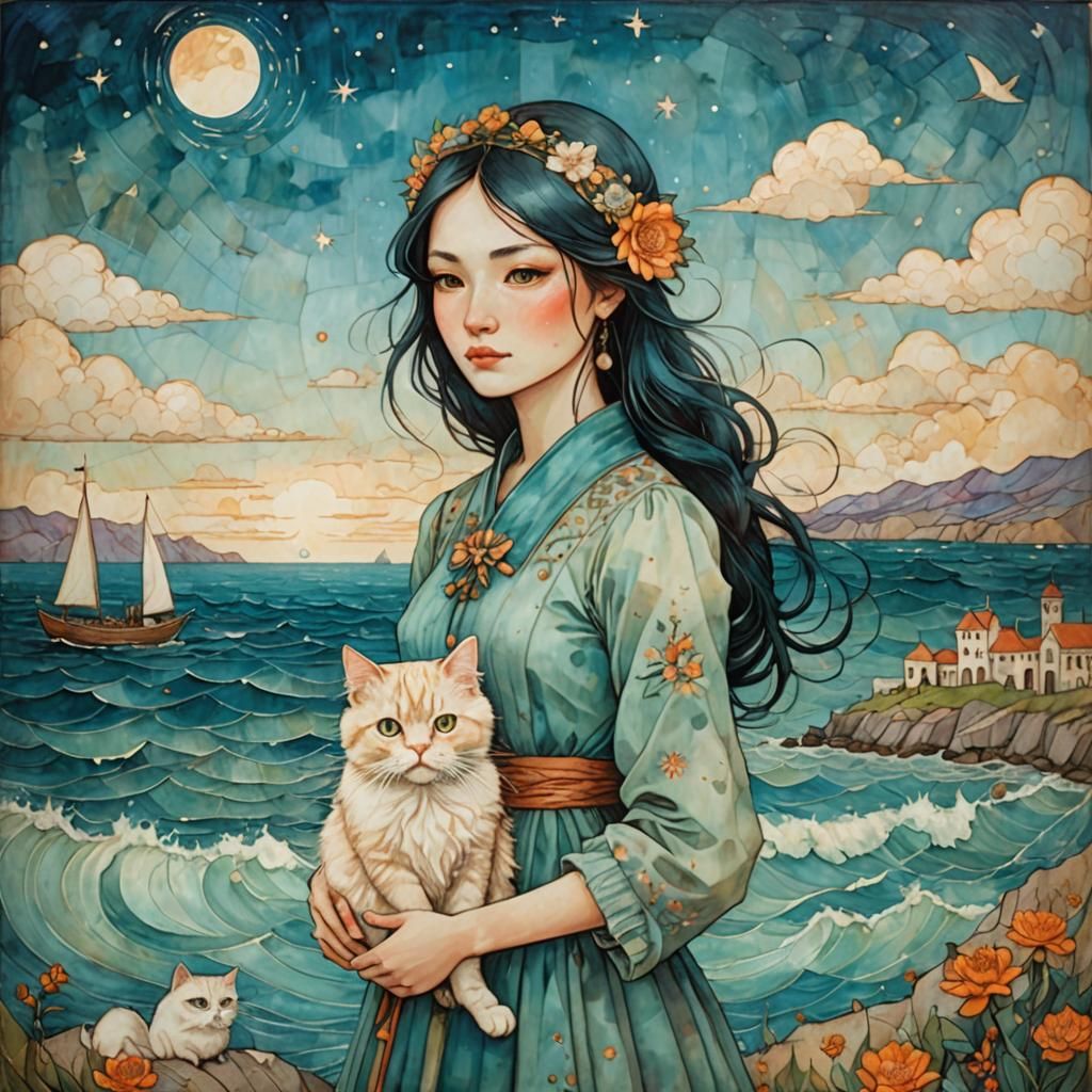 Woman with Cat Gazing at Horizon: Encaustic Painting