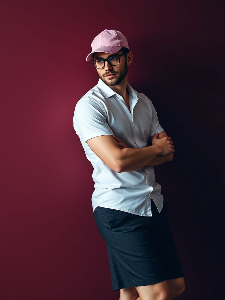 Man in Pink Cap Leaning on Burgundy Wall