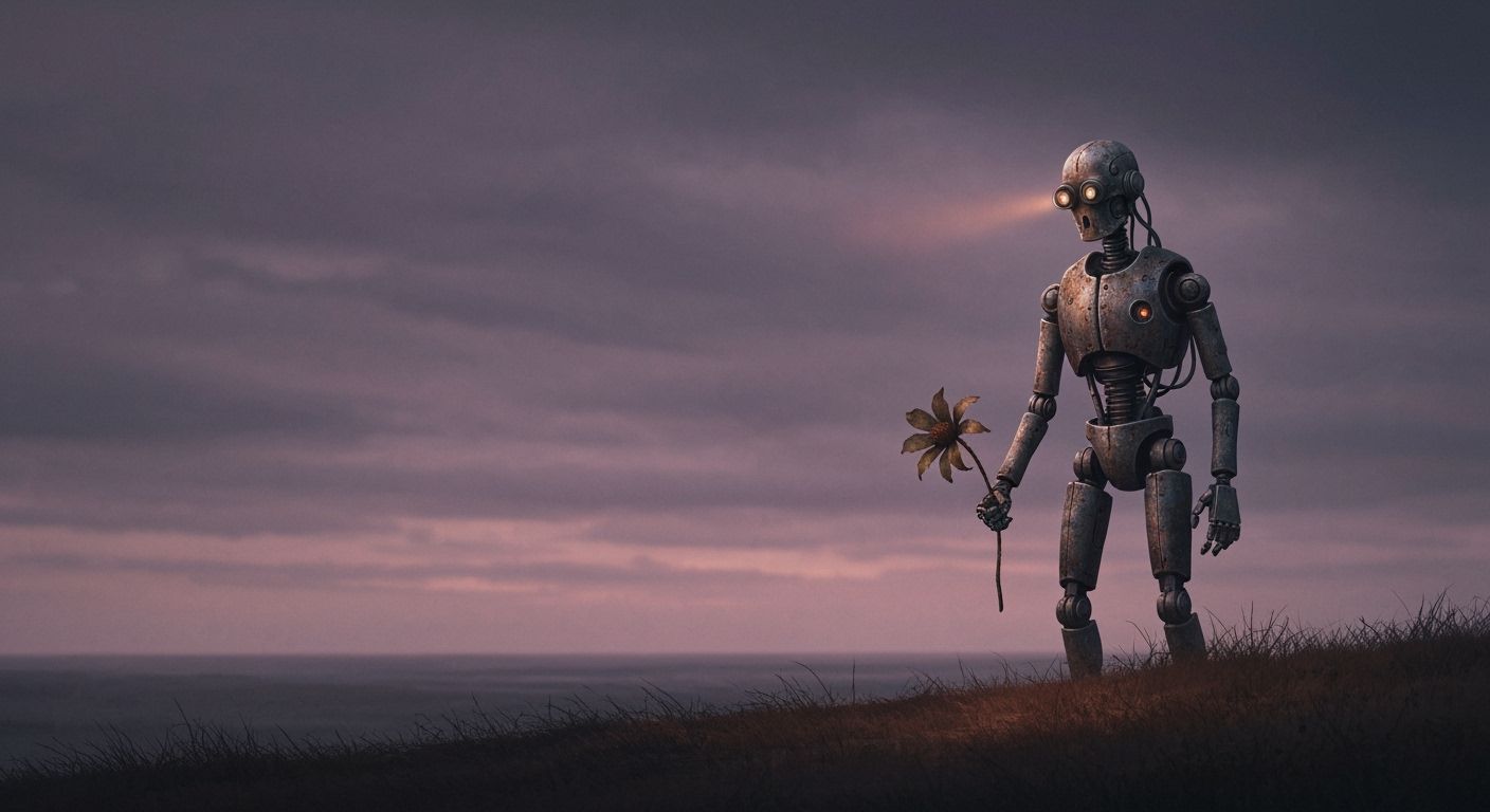 Weathered Automaton on Desolate Moor in Twilight