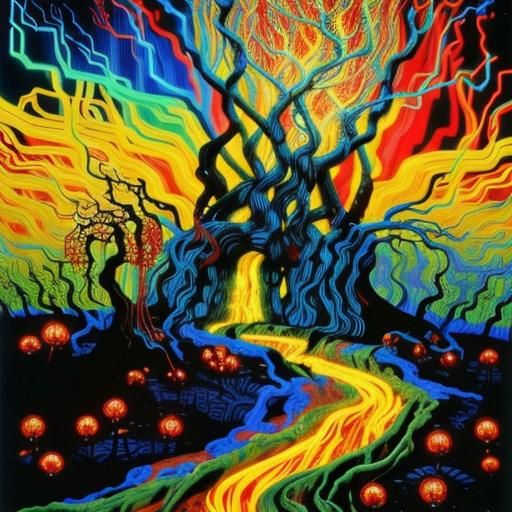 Dystopian Liquid Metal Forest with Electric Lightning