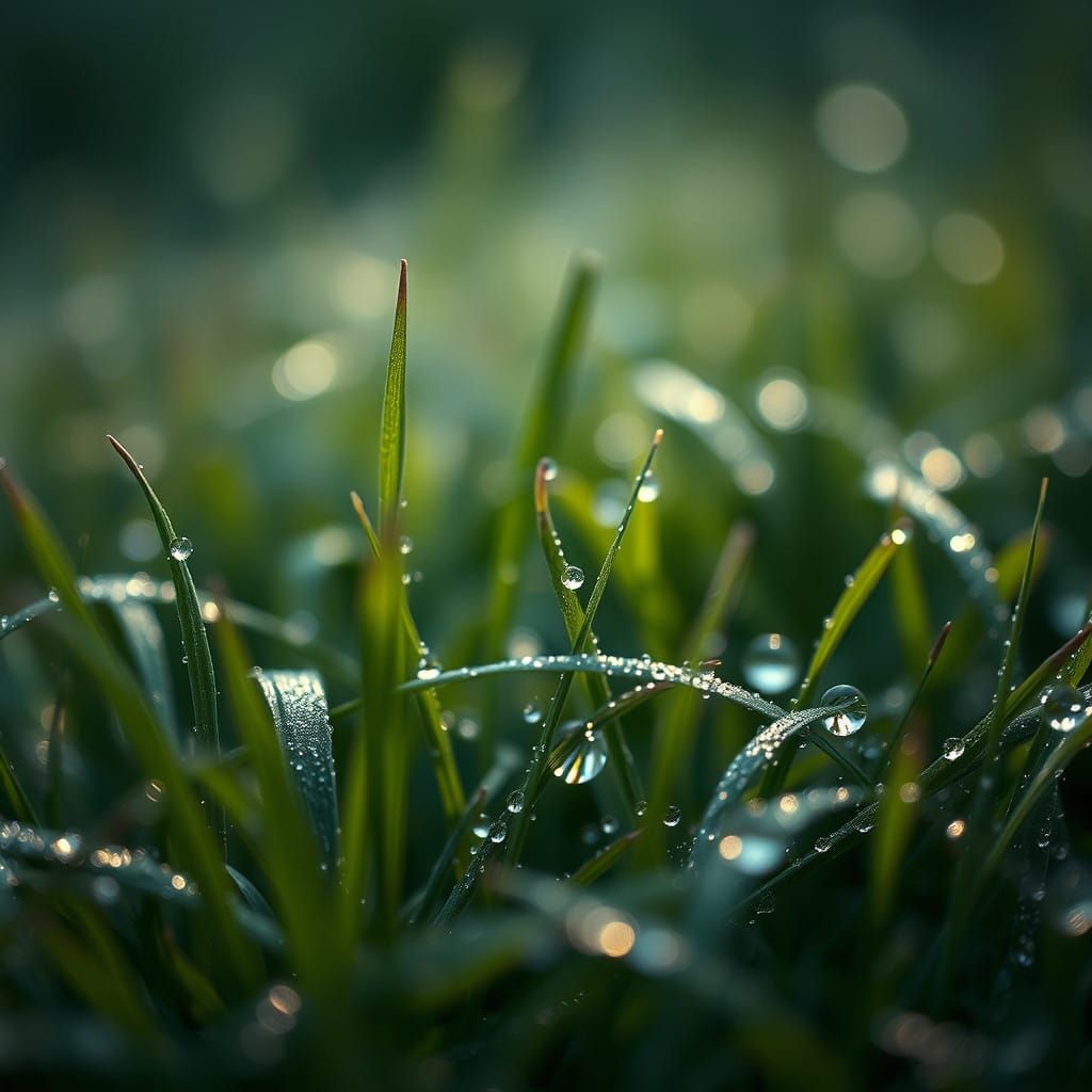 Ethereal Morning Dew Reflects in Hyper-Realistic Grass Scene