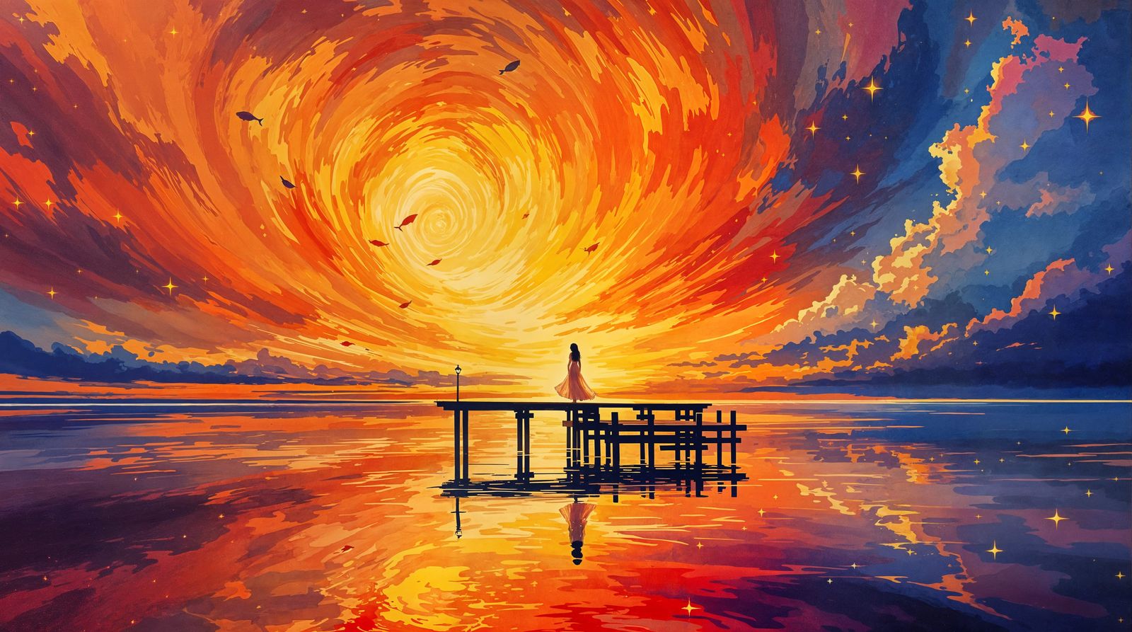 Vibrant Sunset Pier Scene in Impressionistic Brushstrokes