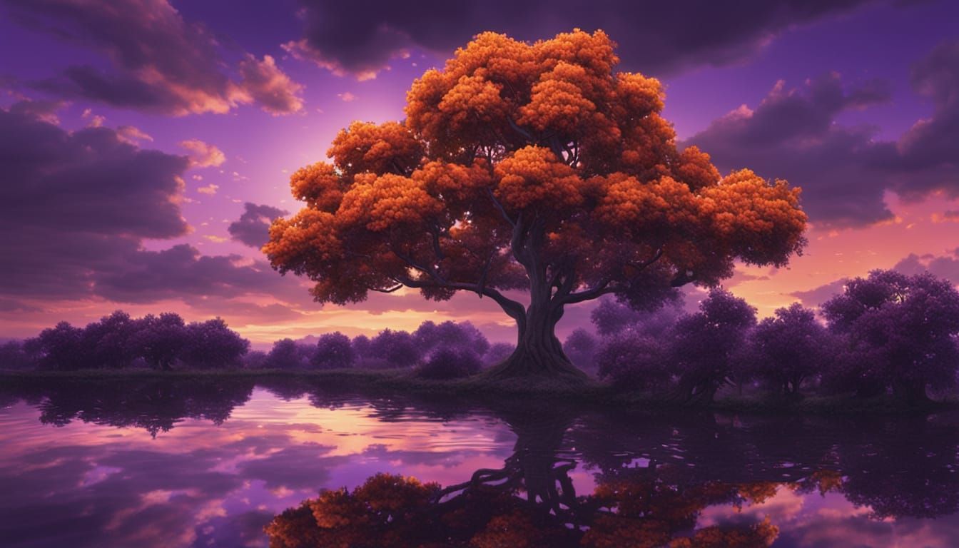 Realistic Orange Tree With Purple Leaves In Reflective Pond