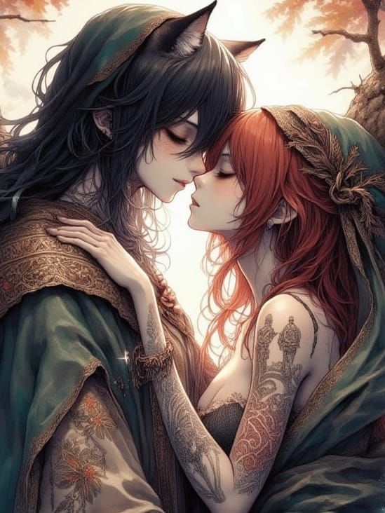 Watercolor Lovers Embrace in Fantasy Landscape