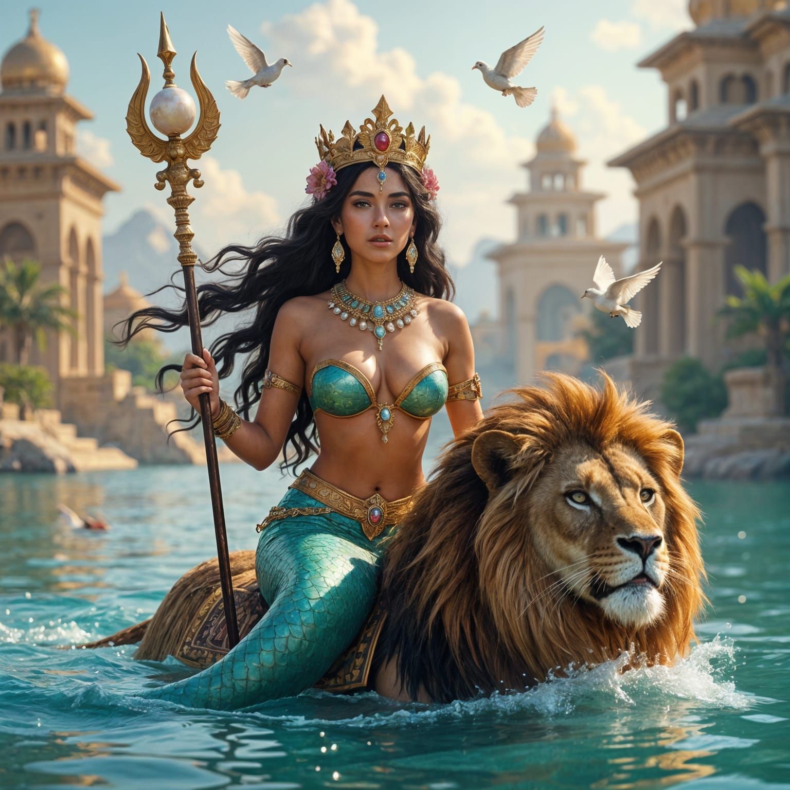 Mermaid Queen Riding Lion Near Ancient Temple