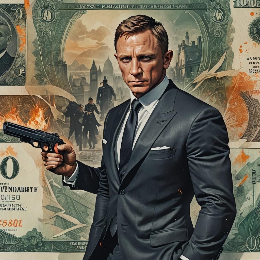 James Bond Movie Poster Art Banknote in Detailed Painting