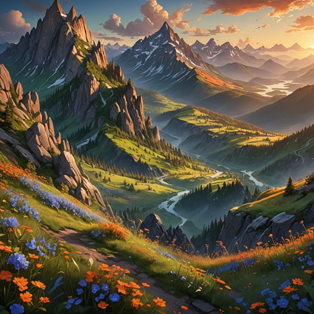 Majestic Mountain Range at Sunset: Fantasy Concept Art