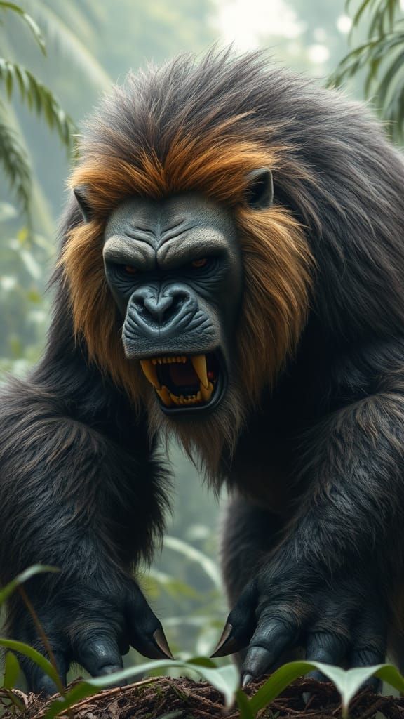 Muscular Lion-Gorilla Hybrid in Jungle Setting