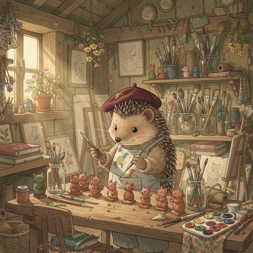 Hedgehog Artist Sculpting Miniatures in Whimsical Studio