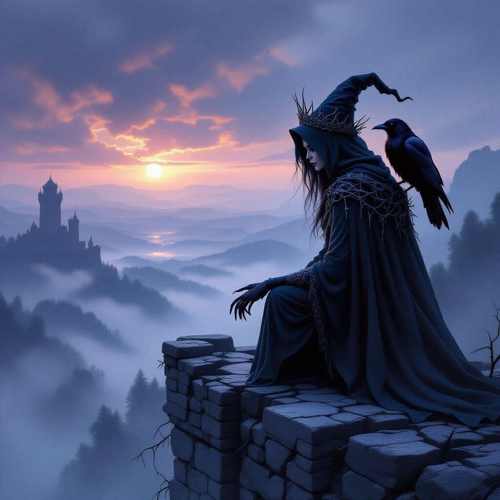 Witch on Ancient Tower Above Misty Valley, Fantasy Art