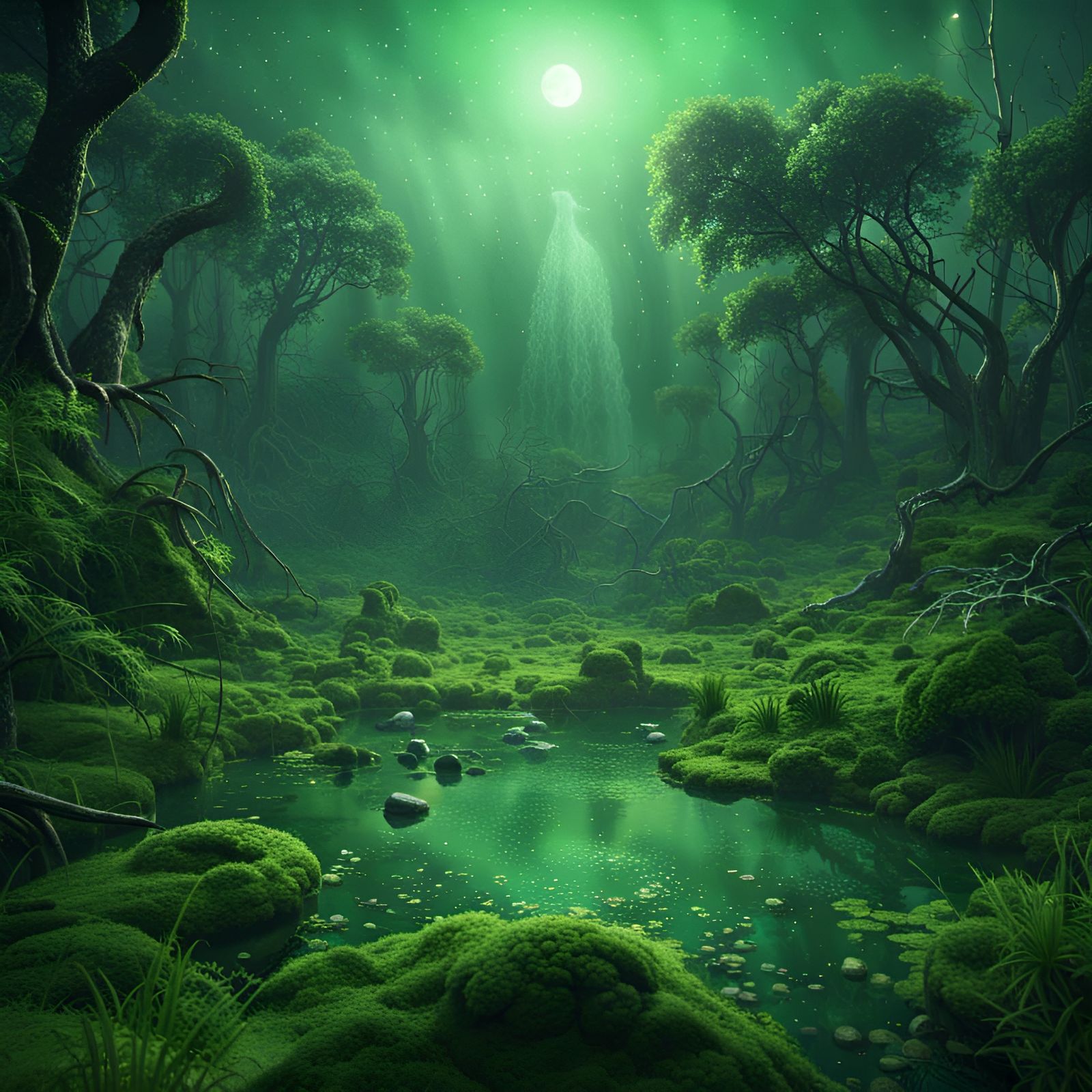 Celestial Swamp Forest Landscape with Star Shower