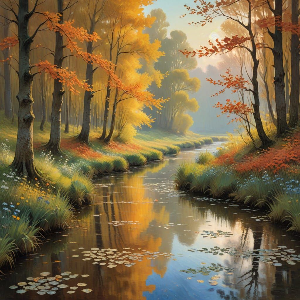 Glowing Autumn Forest in Impressionist Style