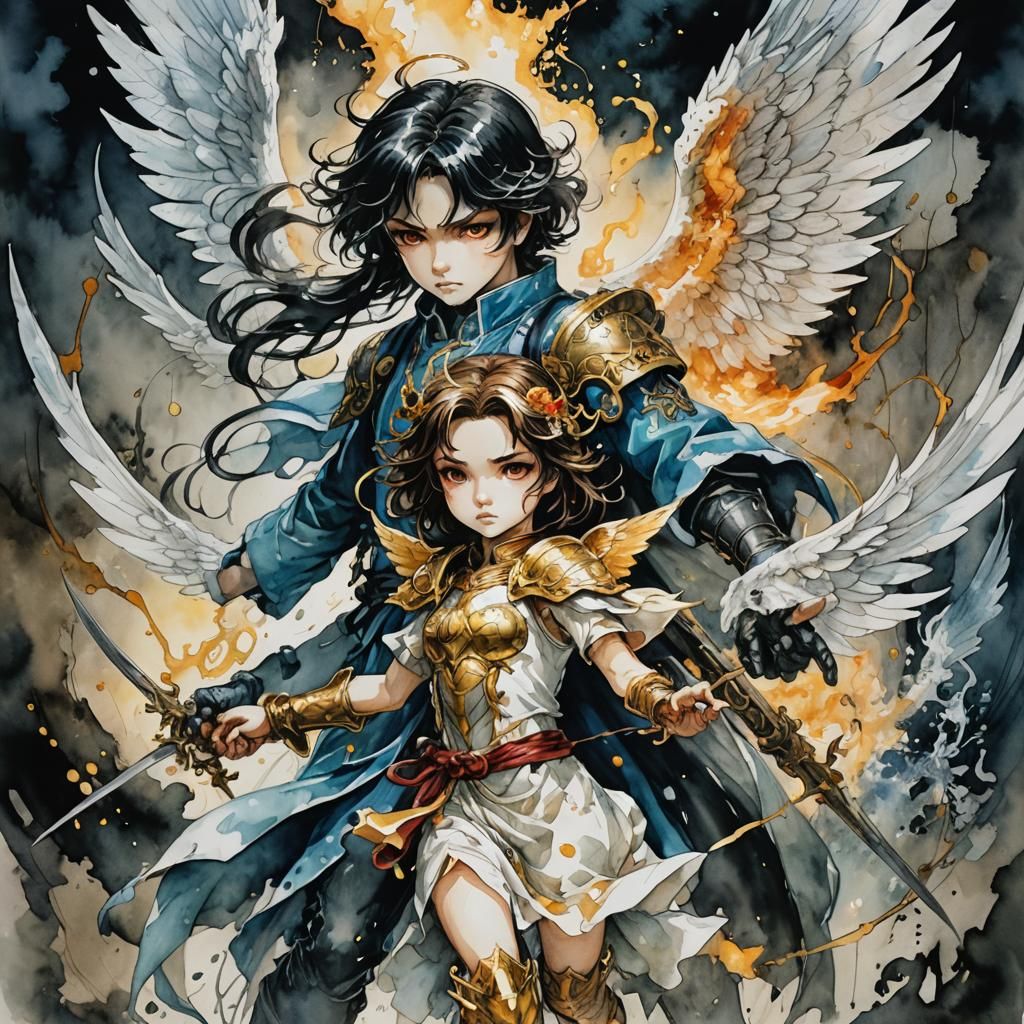 Angels and Demons: Symmetrical Watercolor Battle