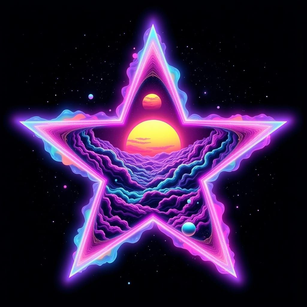 Glowing Neon Star Reveals Cosmic Landscape