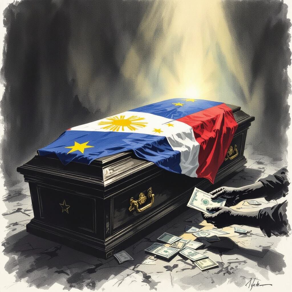Charcoal Illustration: Coffin with Philippine Flag & Shadowy...