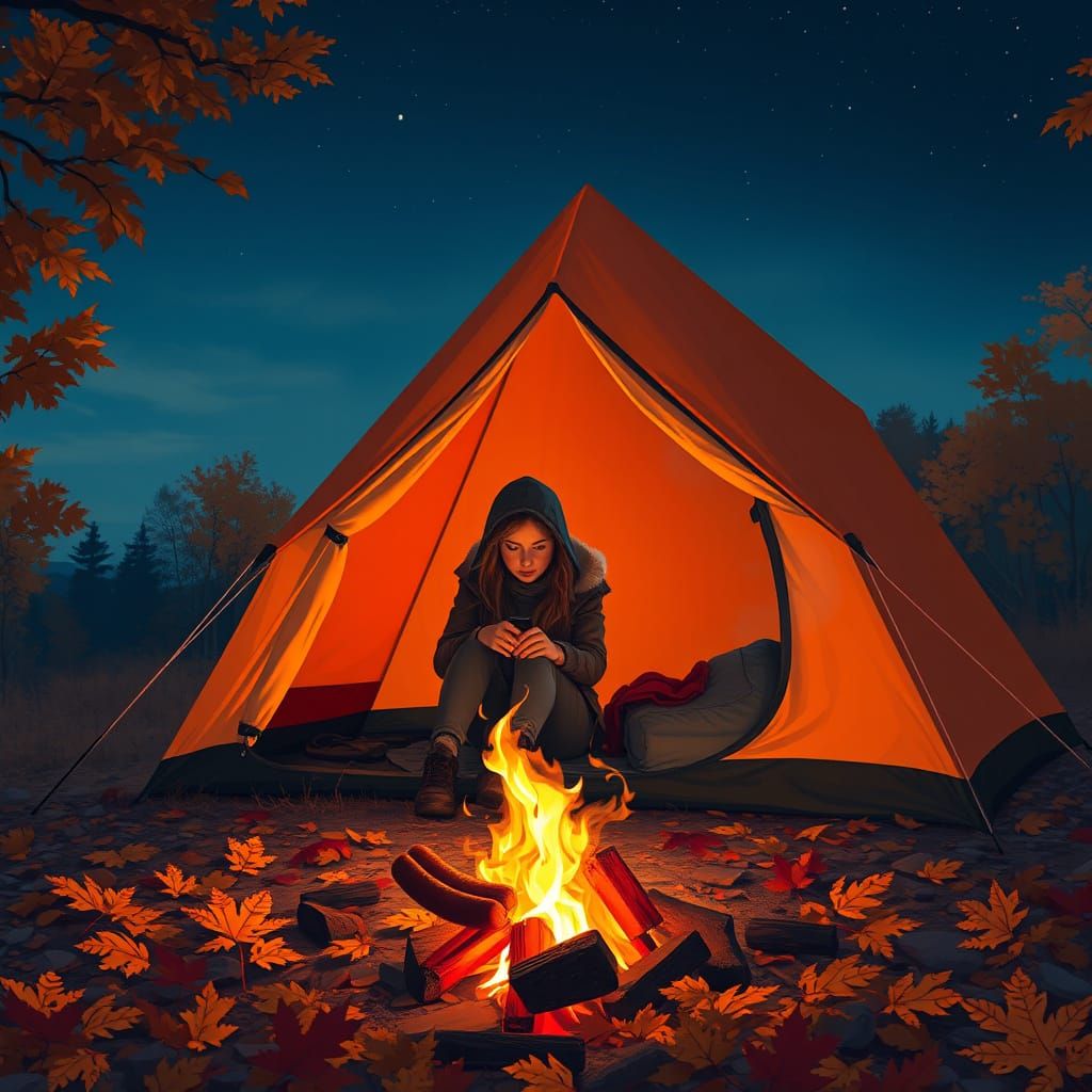 Woman Camping in Autumn Forest with Orange Fire