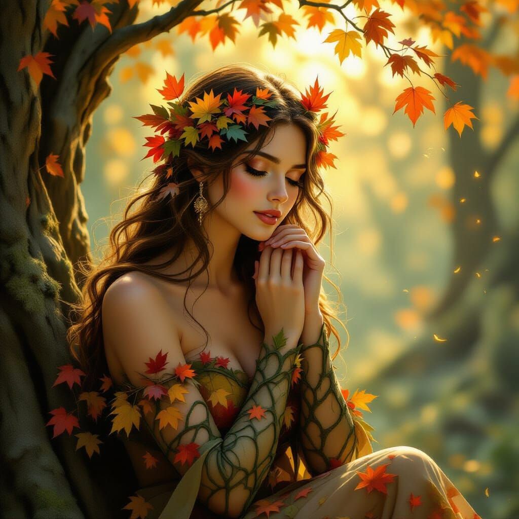 Ethereal Dryad of Autumn Love in Golden Hour Forest