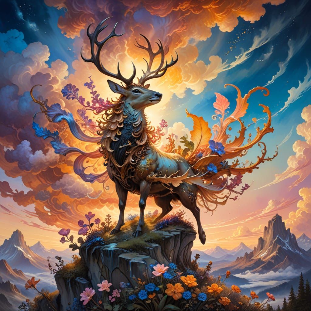 Ethereal Stag Blooms in Vibrant Sunset Sky