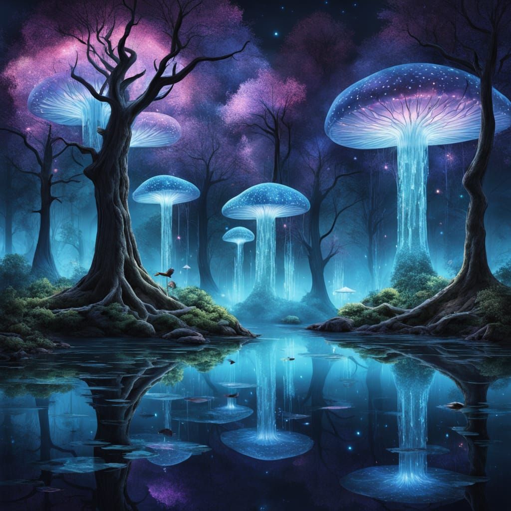 Enchanted Forest with Crystal Trees and Cosmic Sky