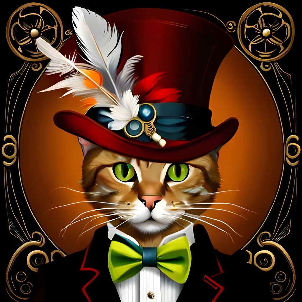 Steampunk Cat in Mad Hatter Hat, Impressionistic Oil Paintin...