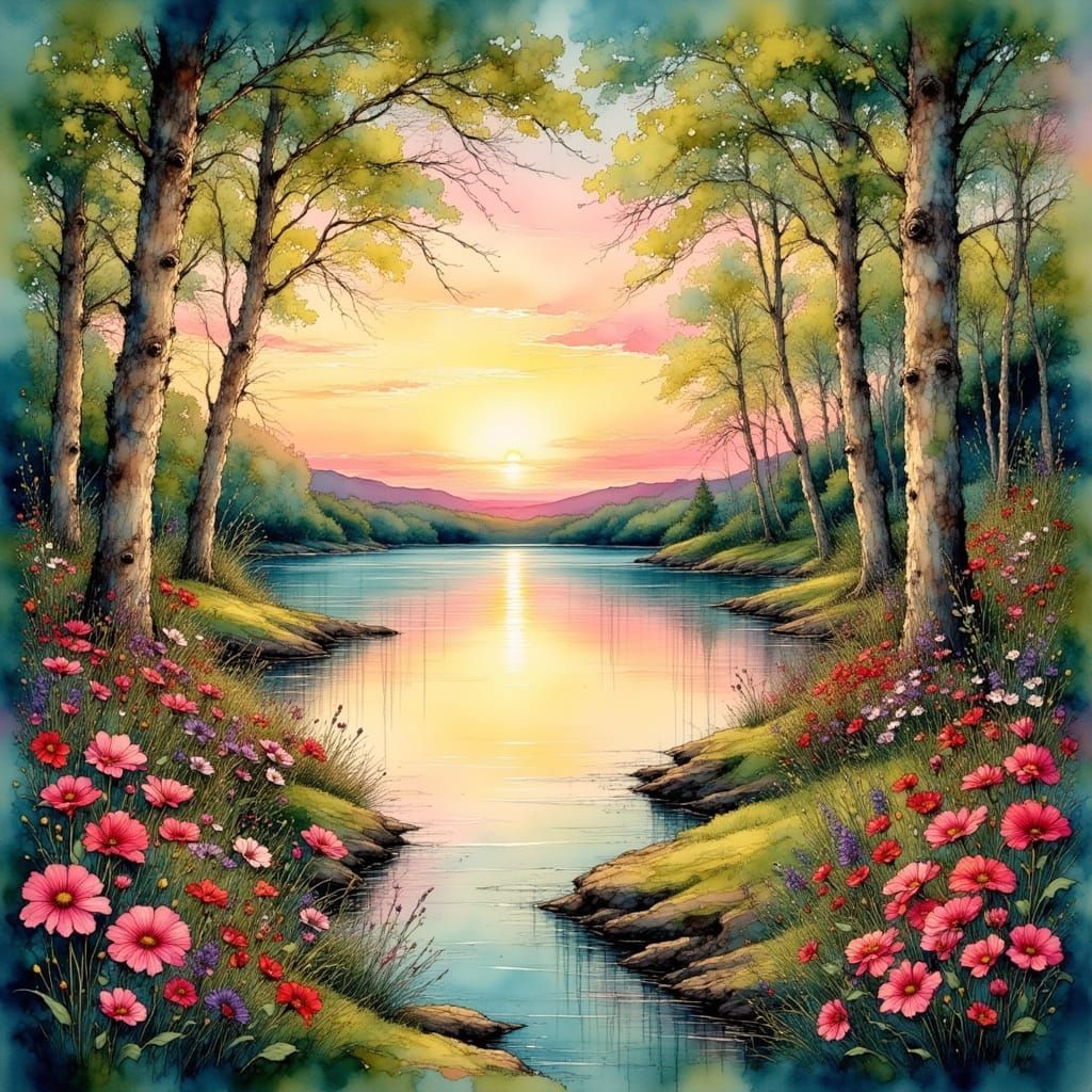 Lake Balaton Sunset in Impressionist Style