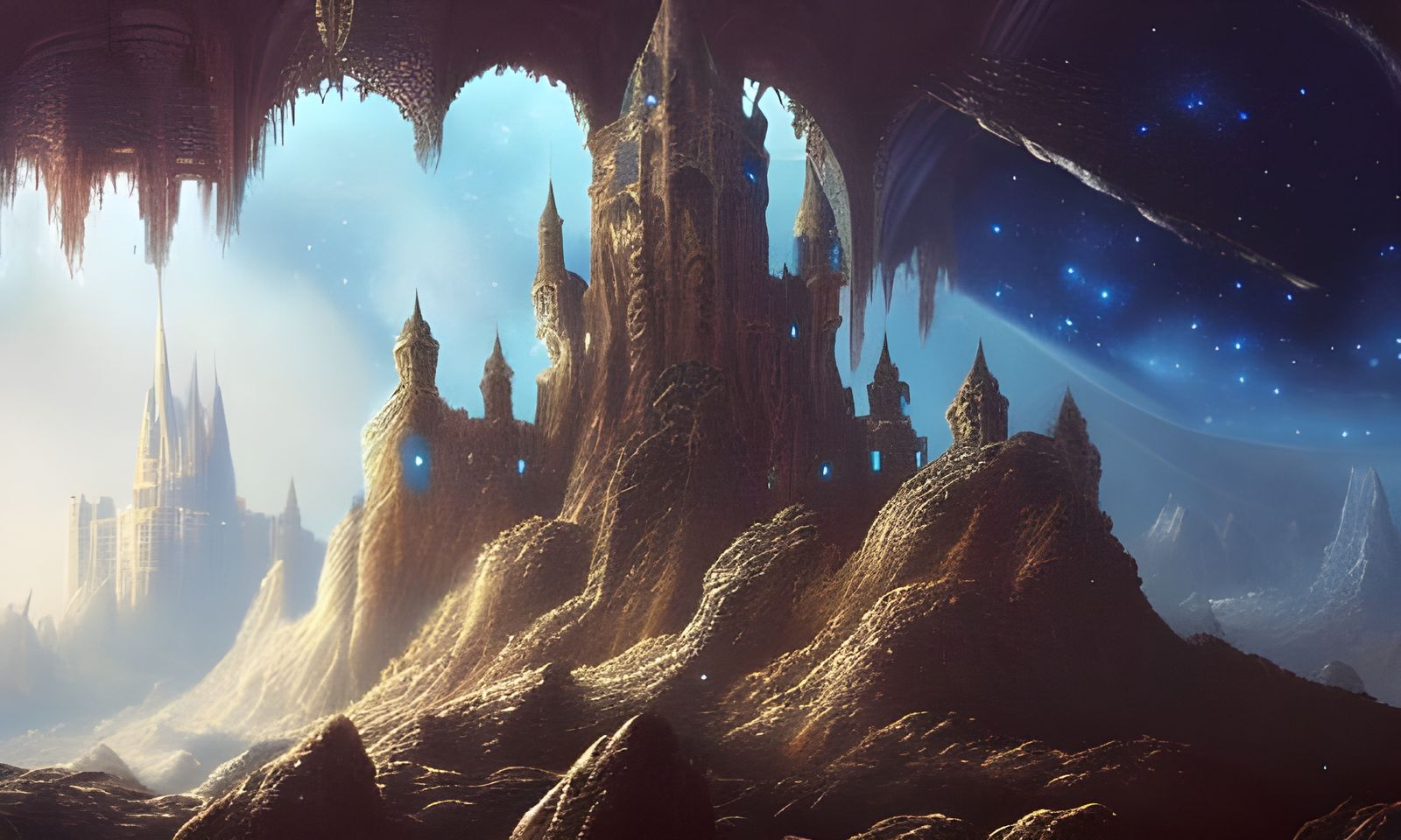 Ethereal Castle on Asteroid in Space