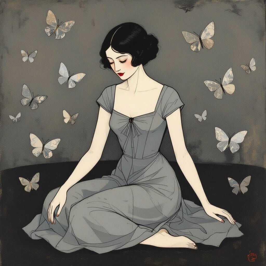Woman Surrounded by Gray Butterflies in Art Nouveau Style
