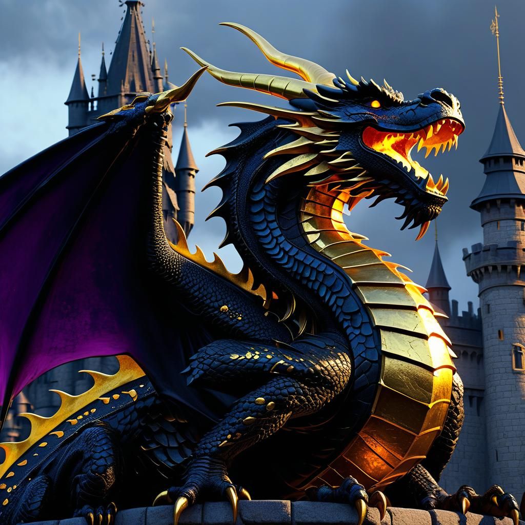Majestic Black Dragon on Castle Tower