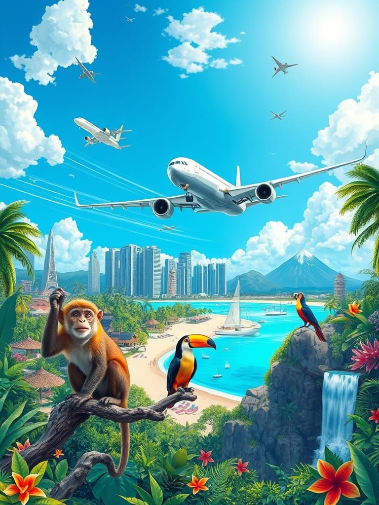 Airplane Over Tropical Paradise in Dreamlike Style