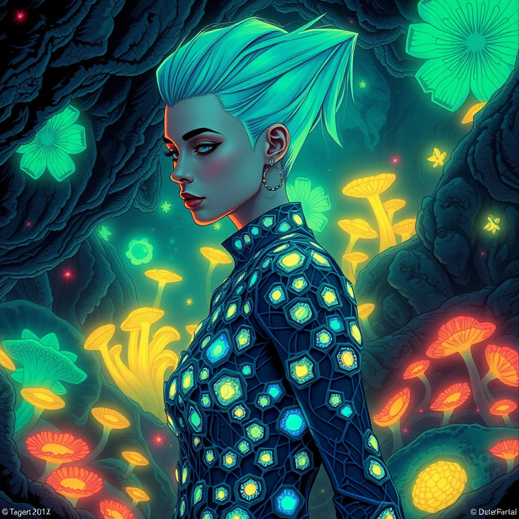 Bioluminescent Bauhaus Jumpsuit in Subterranean World