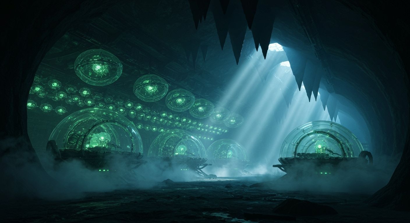 Biomechanic Cavern with Glowing Pods and Acid Vapor