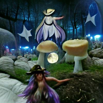 Fairy Witch in Mushroom Forest under Cheese Moon