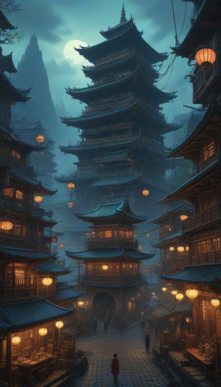 Bustling Steampunk Marketplace with Floating Pagodas