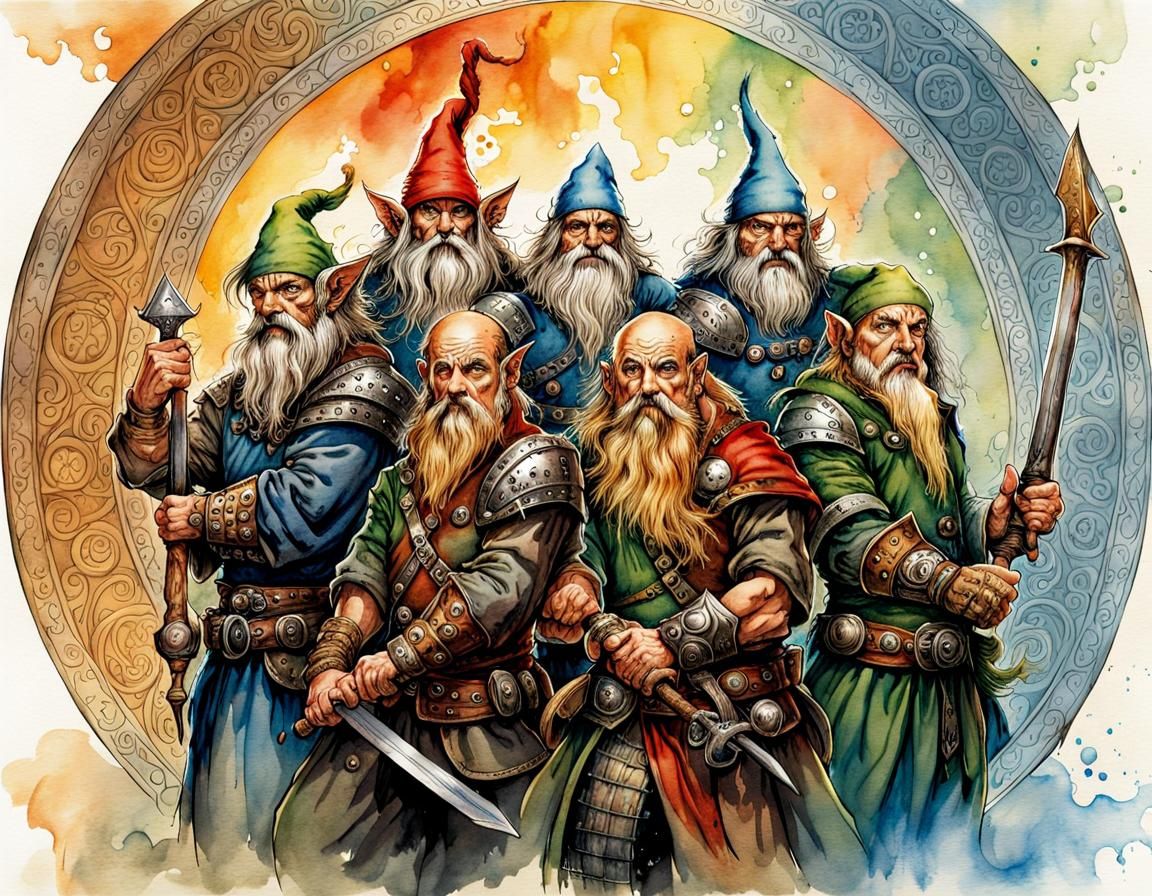 Detailed Dwarf and Elves Gang Watercolor Illustration