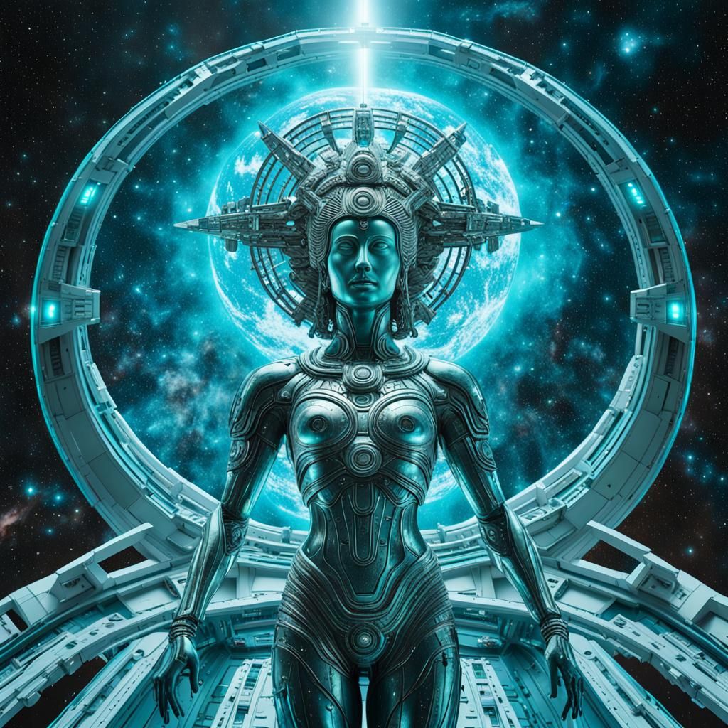 Cybernetic Goddess in Space: Hyper-Realistic Photograph