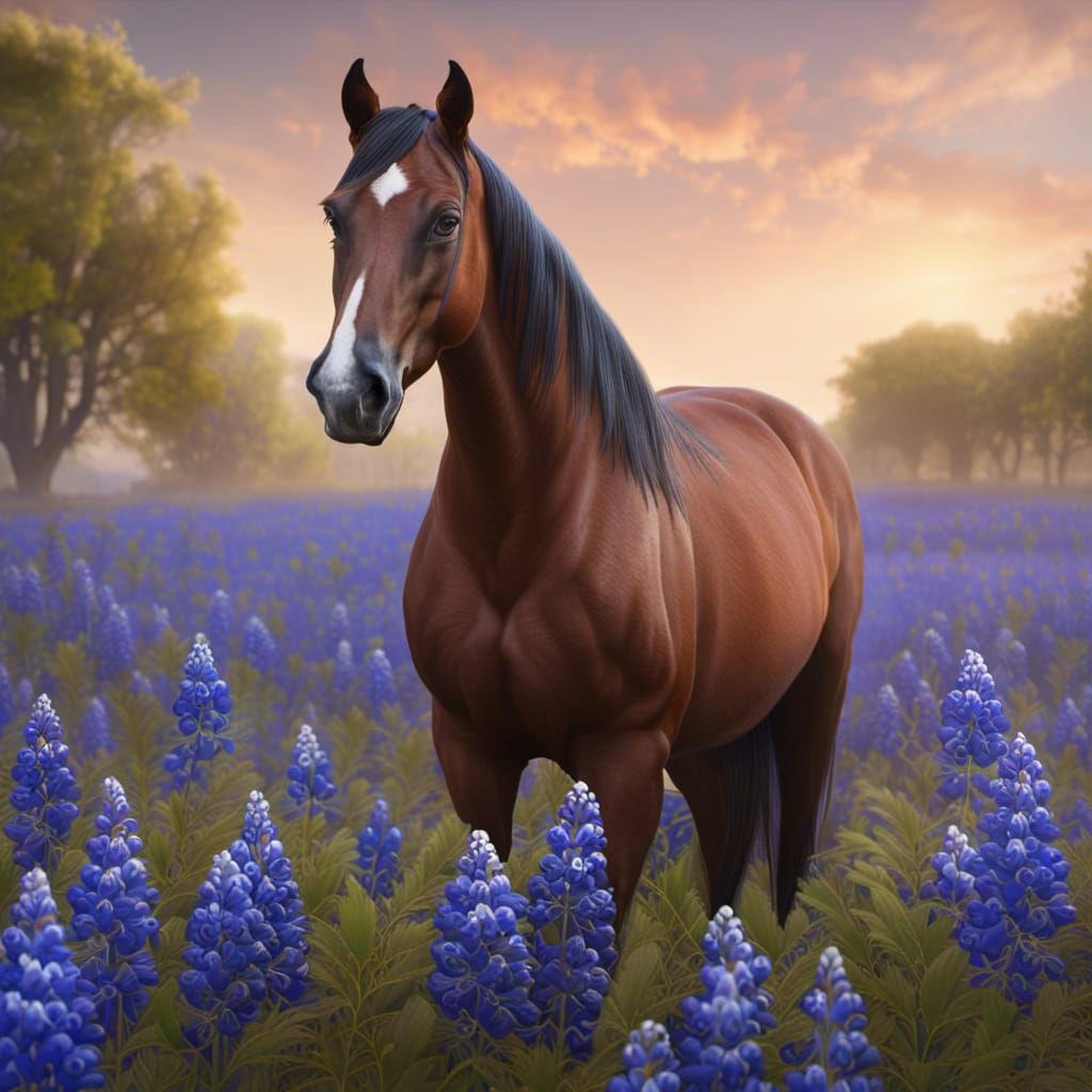 Bay Quarter Horse in Bluebonnet Field: Fantasy Art