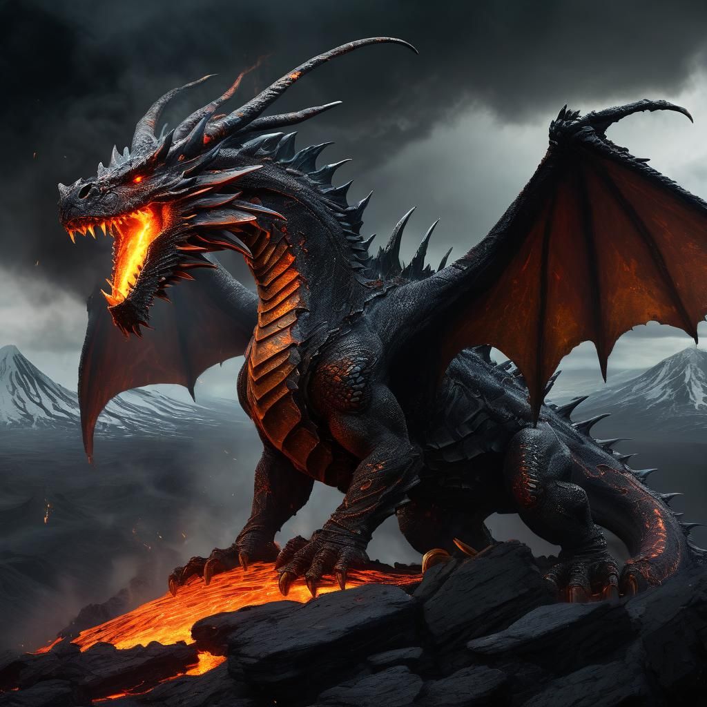 Dragon Guarding Volcano Treasure in Dramatic Fantasy Art
