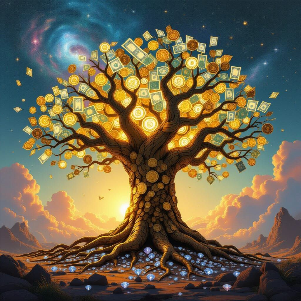 Ancient Gold Coin Tree Under Nebula Sky
