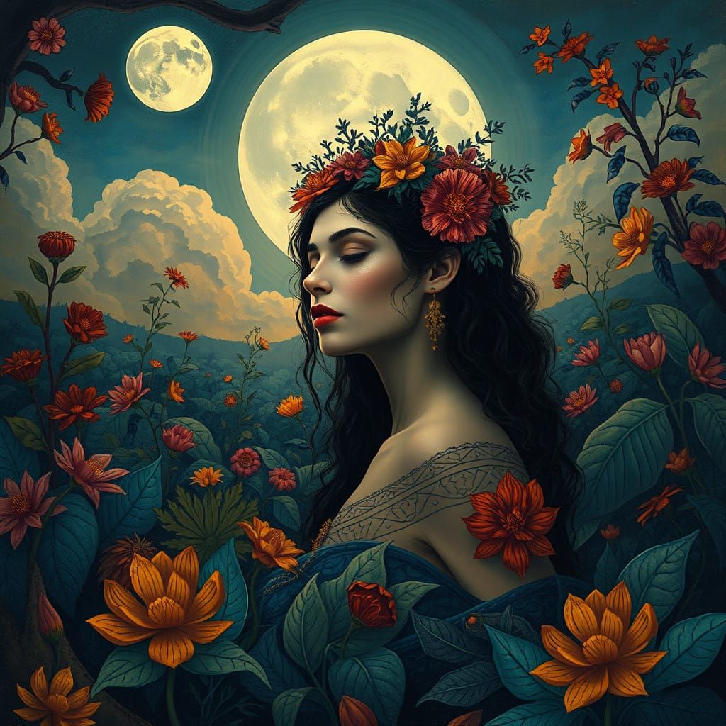 Mystical Moonlit Goddess in Vibrant Botanicals and Fauvist L...