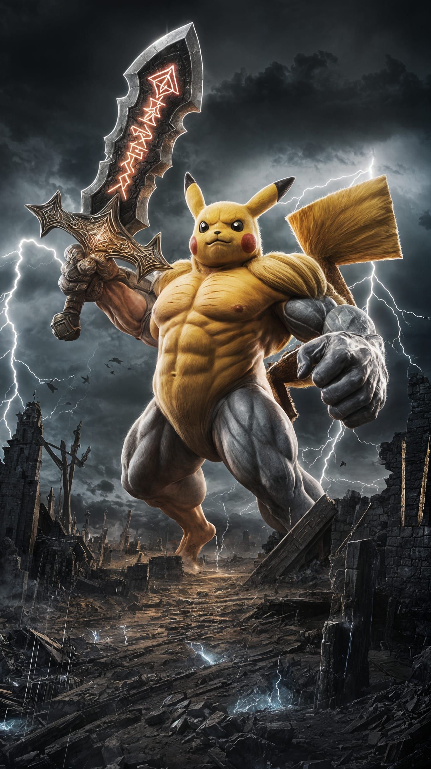 Pikachu as Colossal Titan in Ruined City