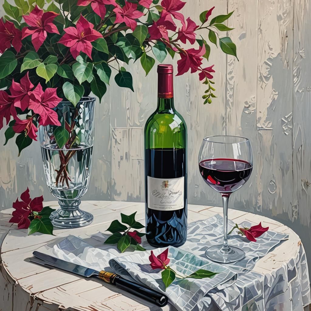 Expressionist Still Life with Wine and Bougainvillea