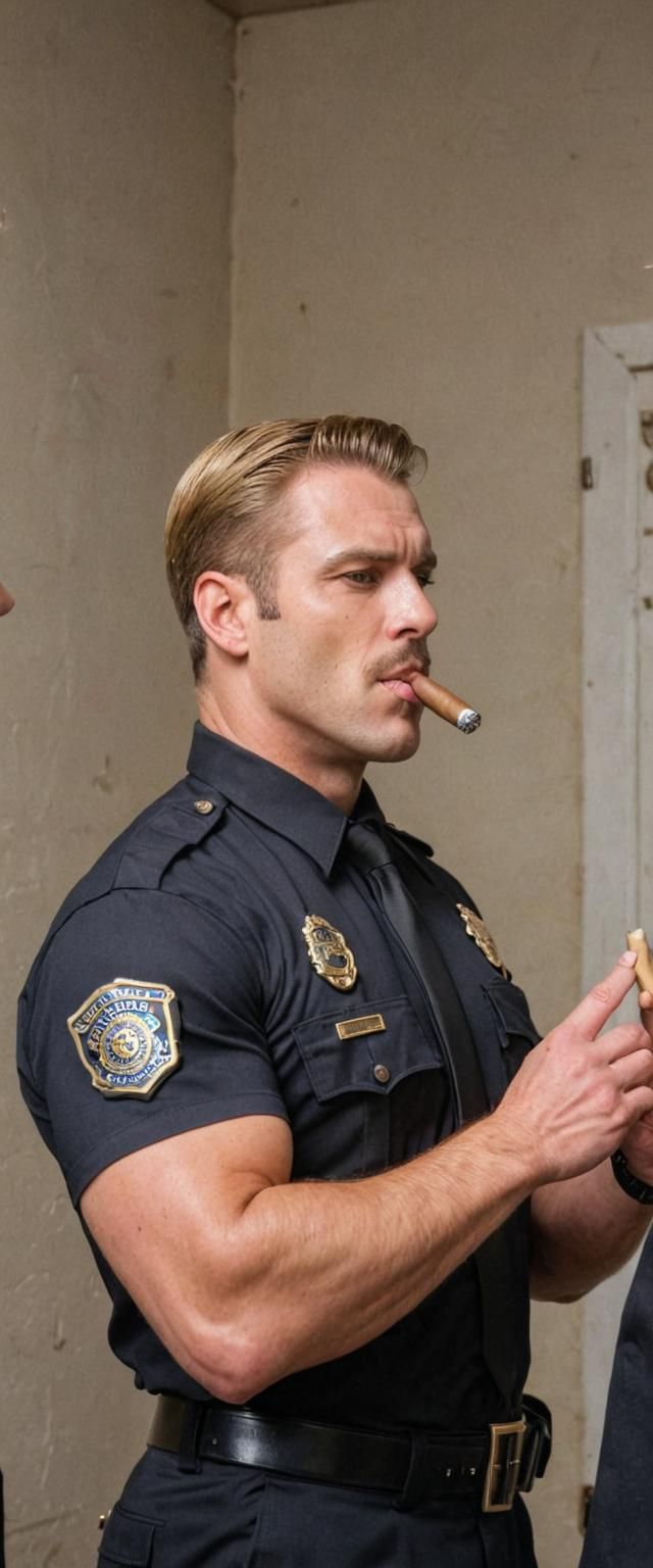 Muscular Cop with Cigar Talking to Blondes