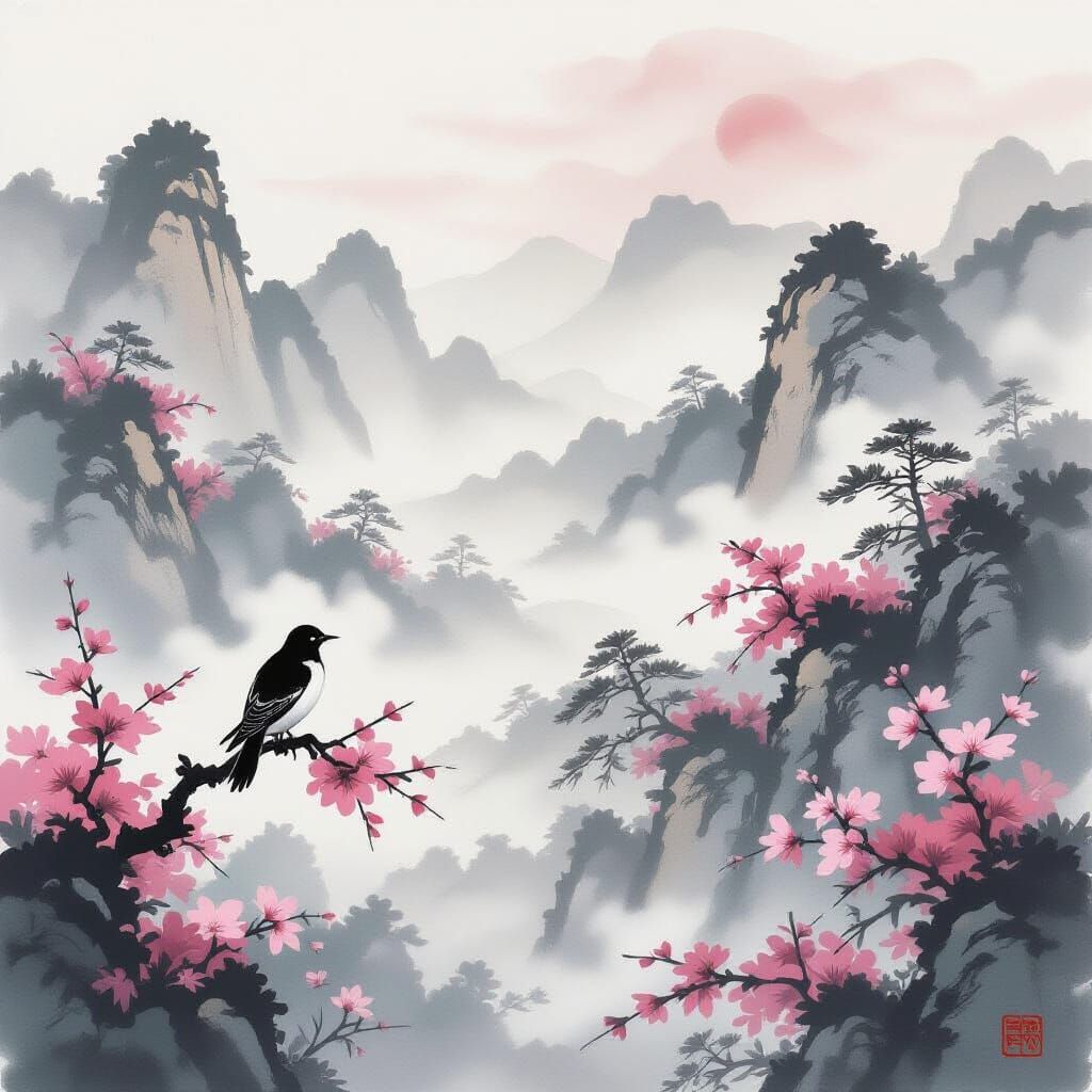 Grandala Bird in Sumi-e Ink Wash Landscape