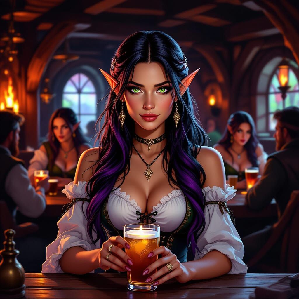 Elf Bar Maiden Serving Drinks in Lively Inn