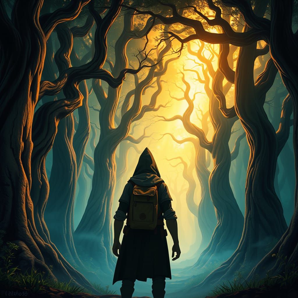 Ethereal Forest Encounter in Vibrant, Exaggerated Style