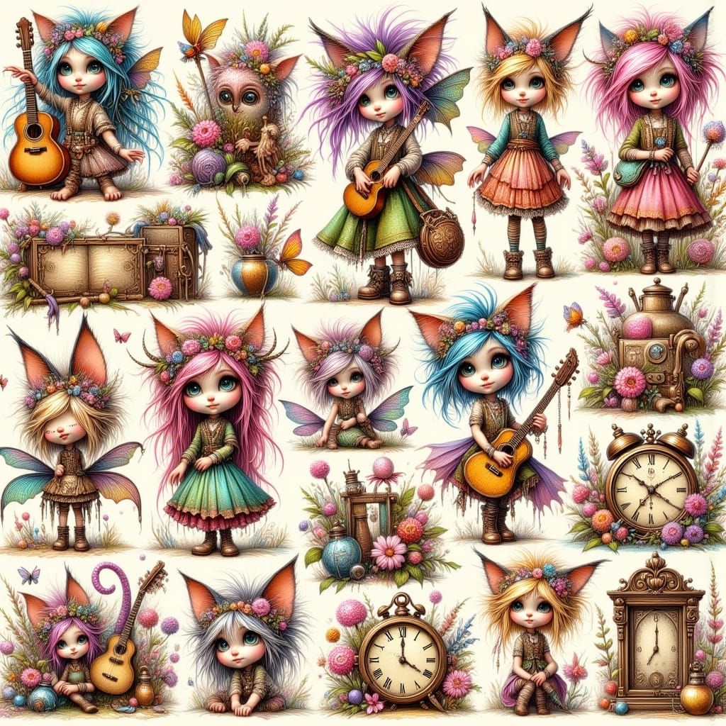 Vintage Fantasy Fairy Punk Tags in Whimsical Digital Waterco...