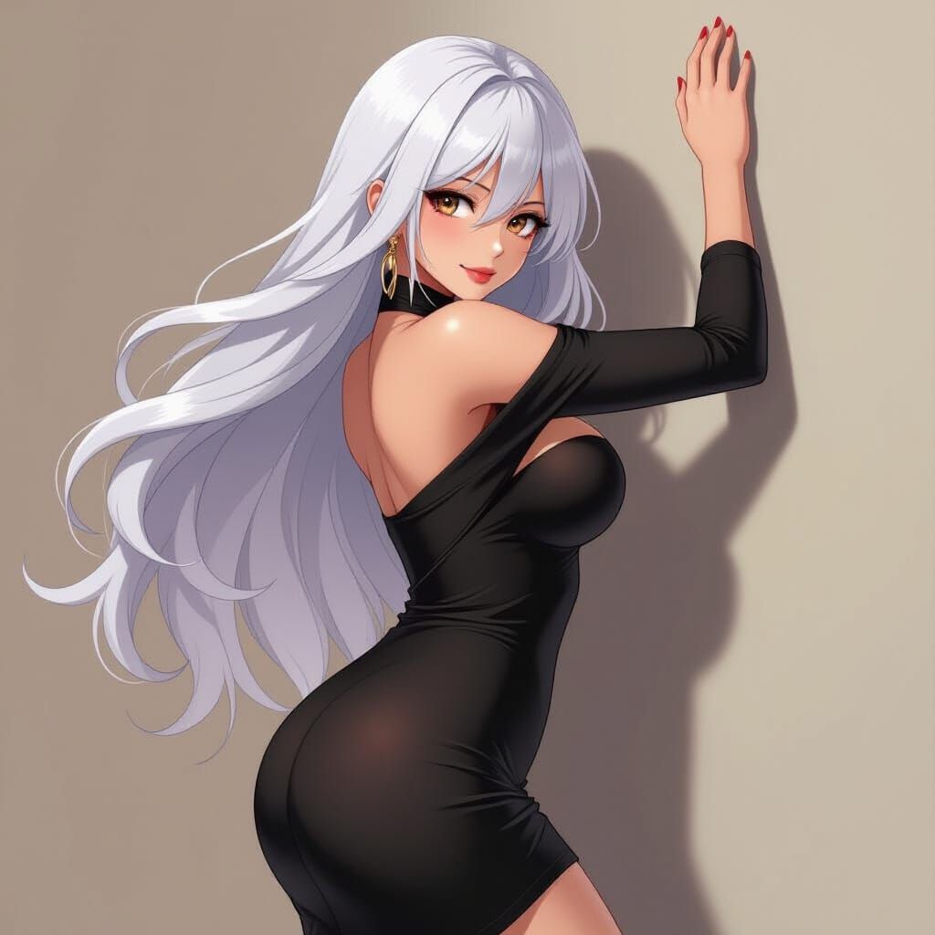 Anime Woman in Black Dress, Pastel Art Style